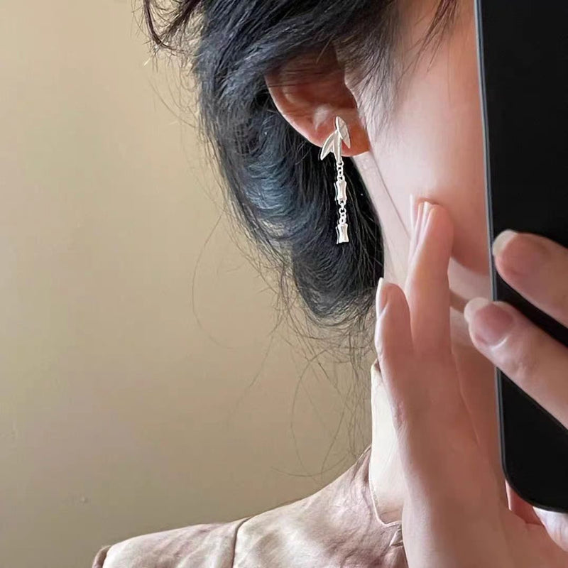 Silk Sterling Silver Bamboo Leaves Wind Chime Drop Earrings