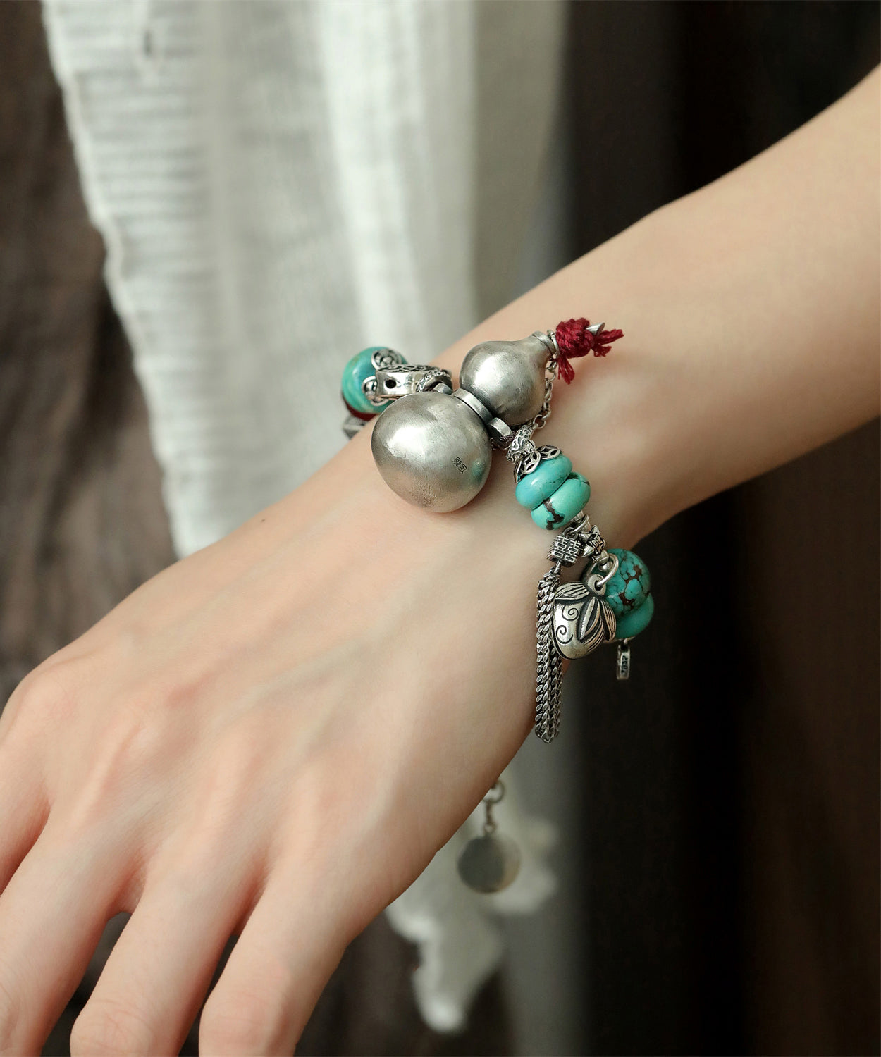 Silk Sterling Silver Calabash Turquoise Charm Bracelet