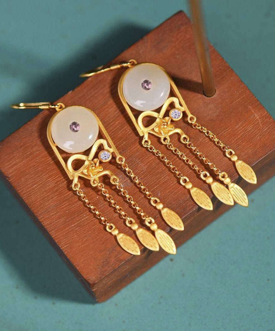White Tassel Silver Gold Plated Jade Drop Earrings