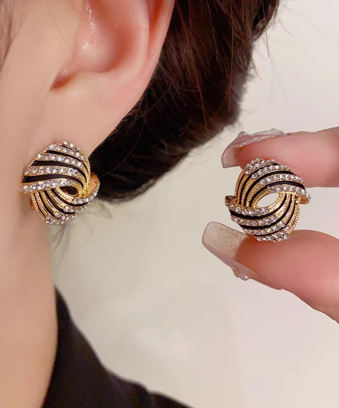 Vogue Gold 14k Gold Zircon Striped Hollow Out Hoop Earrings