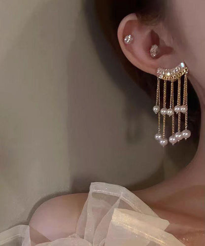 Vogue Gold Copper Alloy Zircon Pearl Tassel Drop Earrings