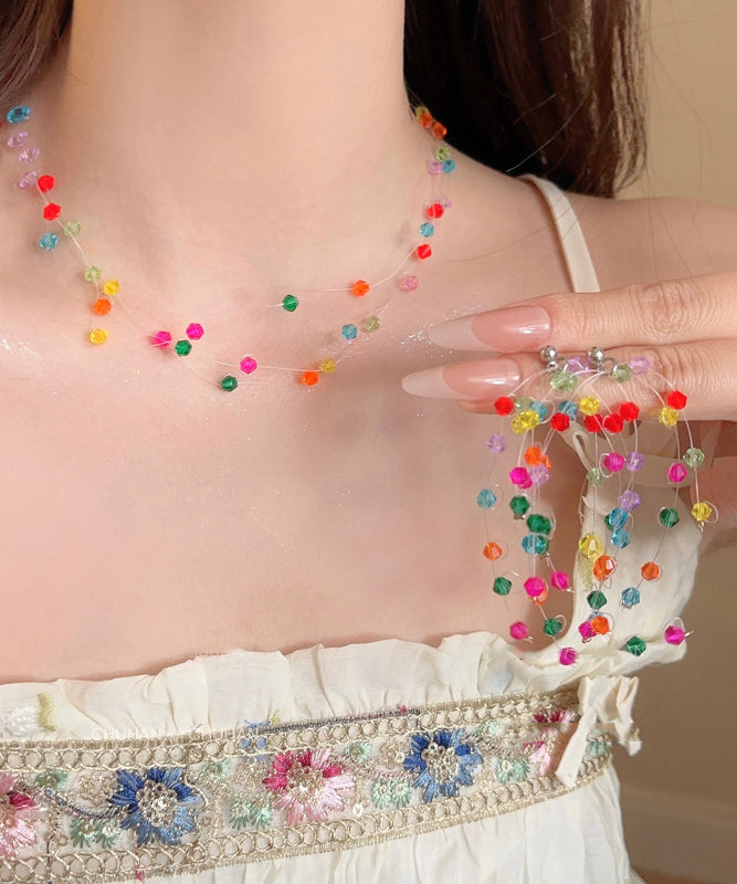 Vogue Rainbow Weave Crystal Tassel Necklace and Drop Earrings Two-piece Set