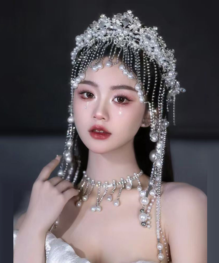 Vogue White Alloy Zircon Pearl Crown , Necklace and Hairpiece Three-piece Set