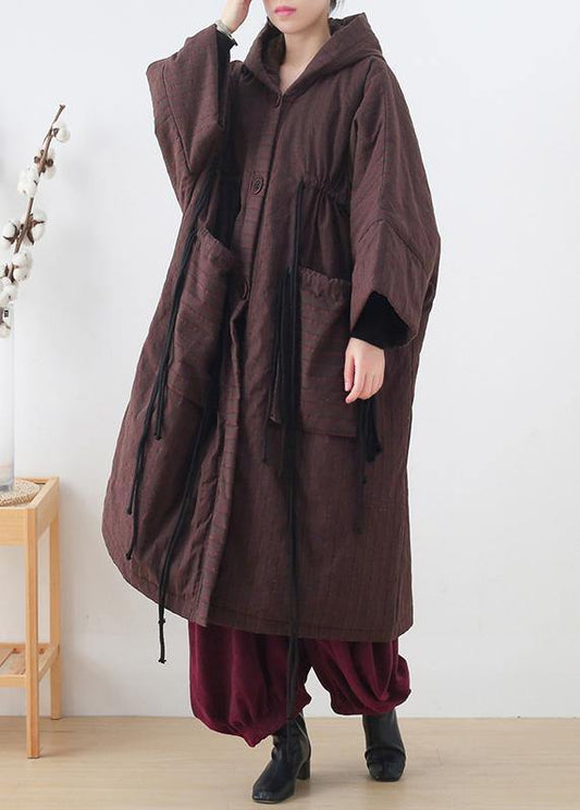 Warm Chocolate Striped Coat Loose Fitting Snow Hooded Drawstring Coats