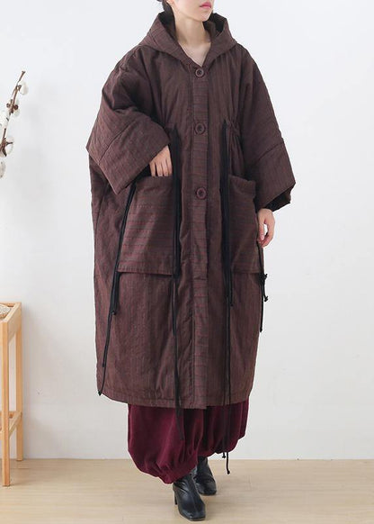Warm Chocolate Striped Coat Loose Fitting Snow Hooded Drawstring Coats