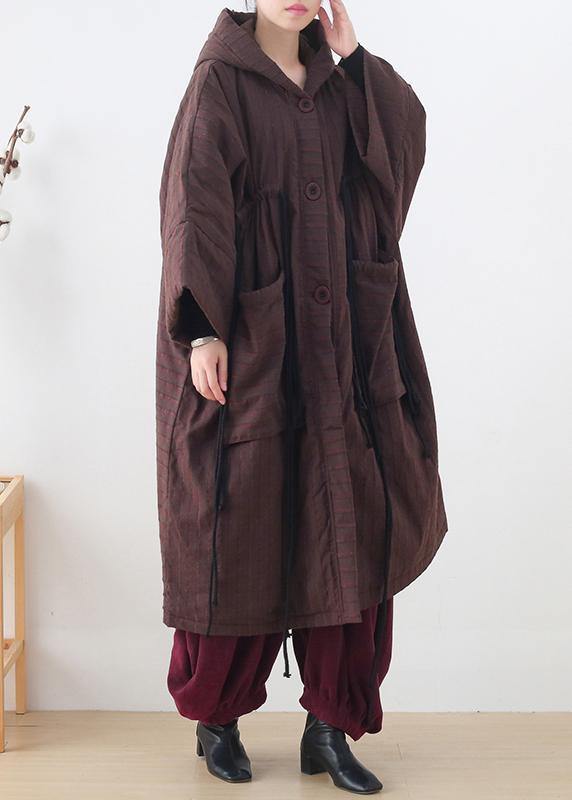 Warm Chocolate Striped Coat Loose Fitting Snow Hooded Drawstring Coats