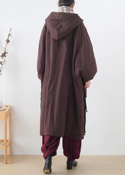 Warm Chocolate Striped Coat Loose Fitting Snow Hooded Drawstring Coats
