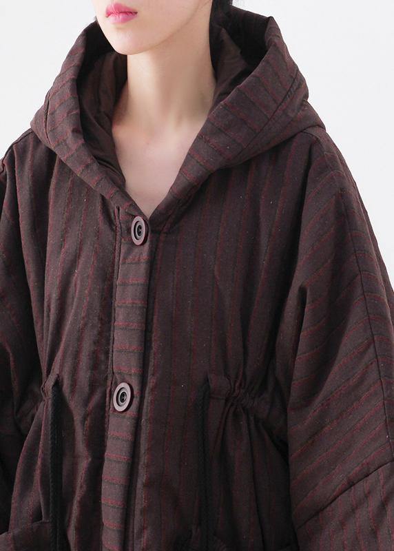 Warm Chocolate Striped Coat Loose Fitting Snow Hooded Drawstring Coats