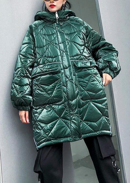 Warm Oversize Jackets & Coats Hooded Coats Green Asymmetric Drawstring Hem Parka