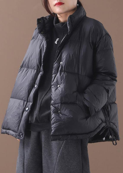 Warm Snow Jackets Winter Outwear Black Stand Collar Drawstring Duck Down Coat