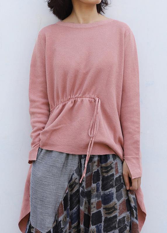 Winter O Neck Pink Knitted Blouse Clothing Drawstring Asymmetric Top