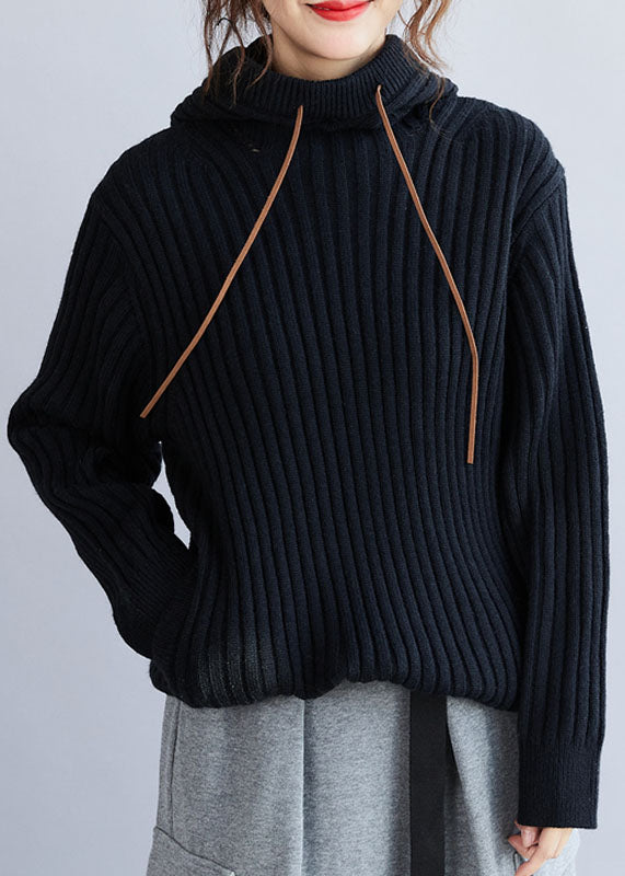 Black Hooded Drawstring Thick Knit Pullover Winter