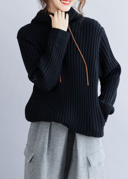 Black Hooded Drawstring Thick Knit Pullover Winter
