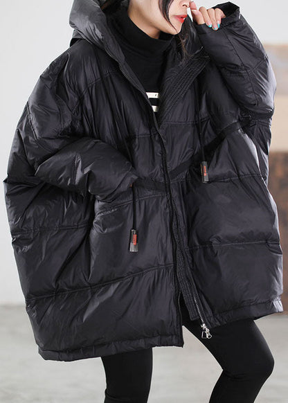 Black Hooded Drawstring Duck Down Jacket Winter