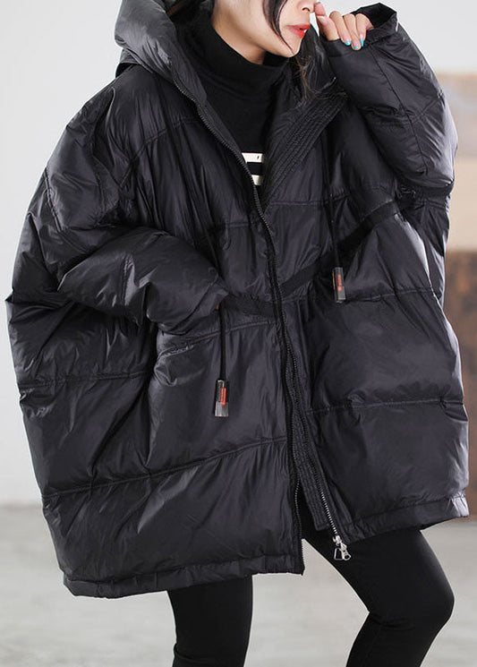 Black Hooded Drawstring Duck Down Jacket Winter