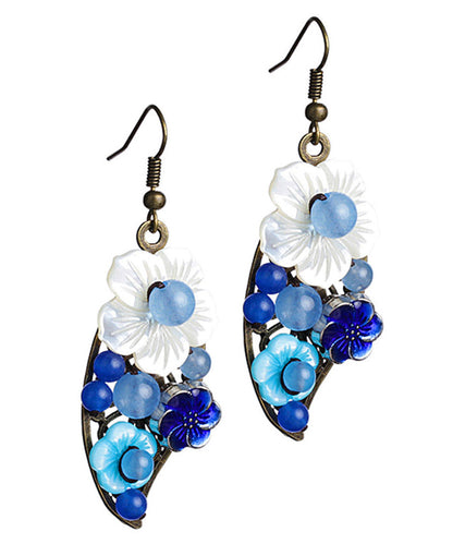 Blue White Copper Shell Flower Chalcedony Cloisonne Drop Earrings