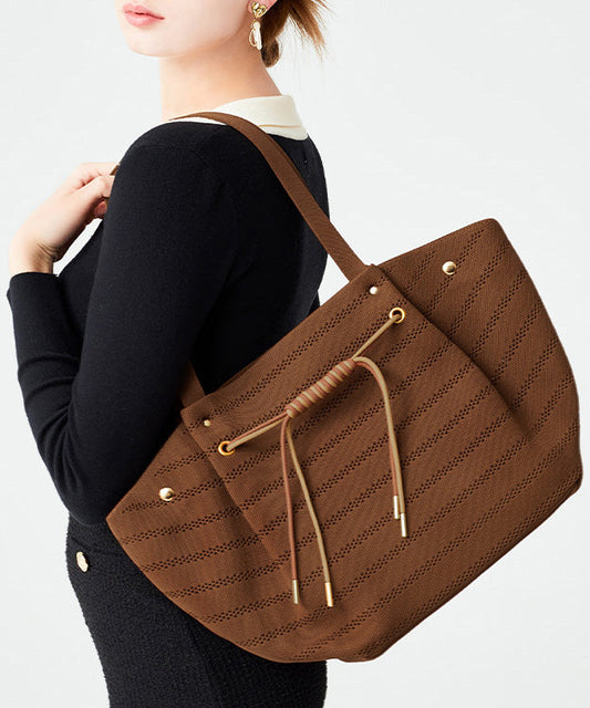 Brown Drawstring Striped Cotton Shoulder Bags