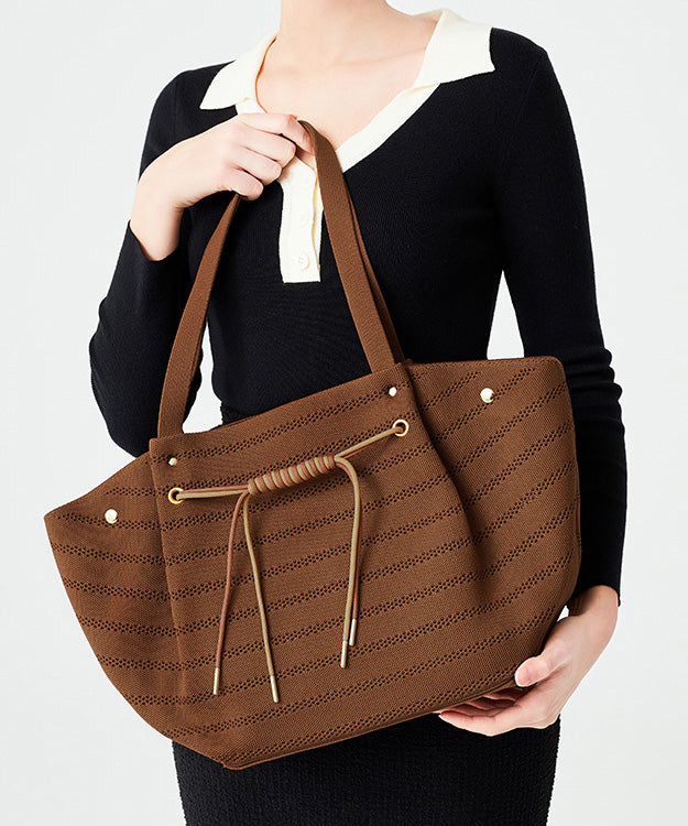 Brown Drawstring Striped Cotton Shoulder Bags