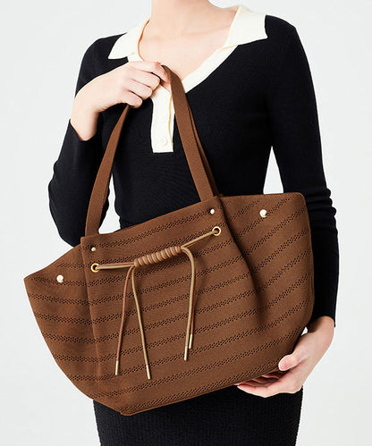Brown Drawstring Striped Cotton Shoulder Bags
