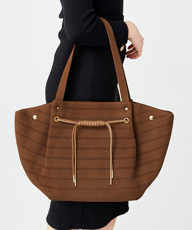 Brown Drawstring Striped Cotton Shoulder Bags