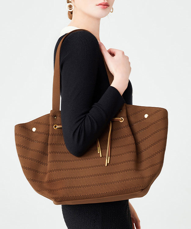 Brown Drawstring Striped Cotton Shoulder Bags