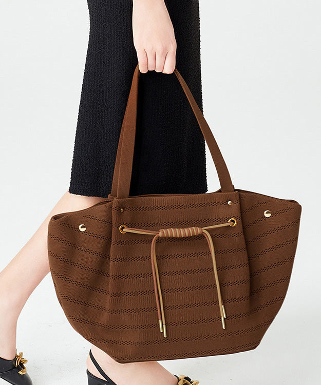 Brown Drawstring Striped Cotton Shoulder Bags