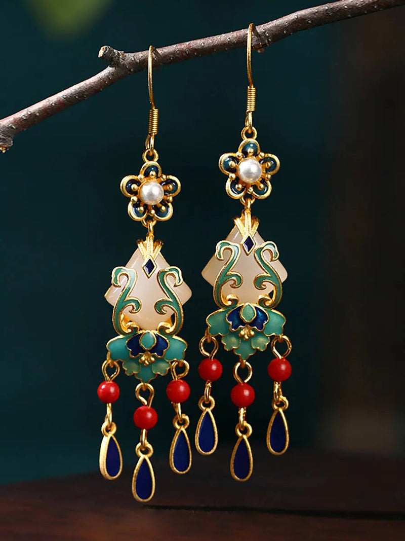 Jade Enamel Alloy Tassel Earrings