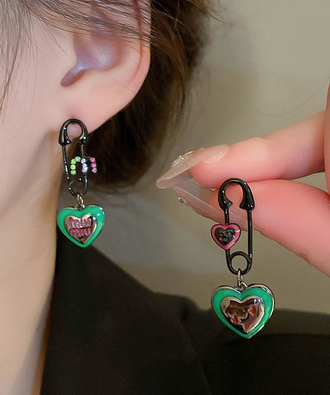 Green Alloy Zircon Graphic Love Drip Glaze Drop Earrings