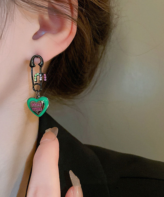 Graphic Drip Love Glaze Drop Zircon Earrings Alloy Green
