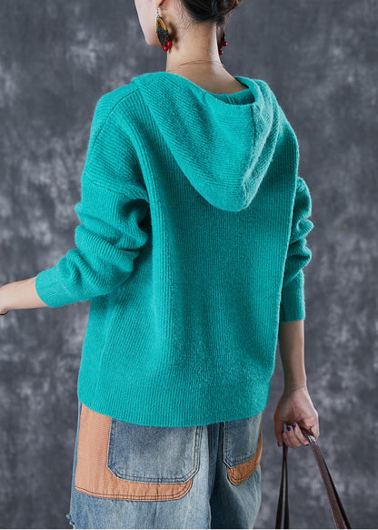 Green Hooded Drawstring Knit Sweatshirts Top Fall