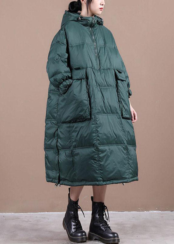Green Hooded Drawstring Fine Cotton Filled Winter Coat