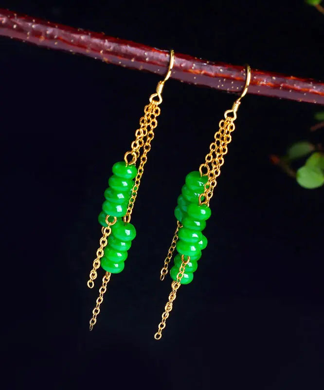 Sterling Silver Overgild Dry Green Abacus Tassel Drop Earrings