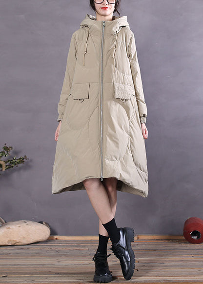 Khaki Hooded Drawstring Duck Down Winter Down Coat
