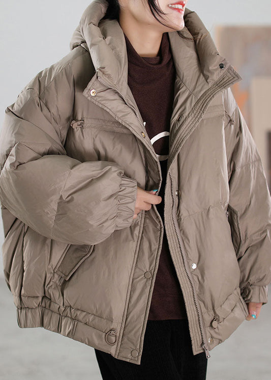 Khaki Zip Up Drawstring Duck Down Puffer Jacket Winter