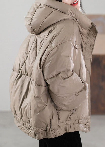 Khaki Zip Up Drawstring Duck Down Puffer Jacket Winter