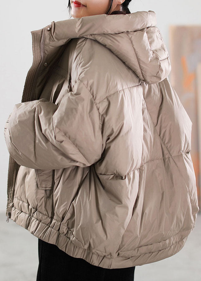 Khaki Zip Up Drawstring Duck Down Puffer Jacket Winter