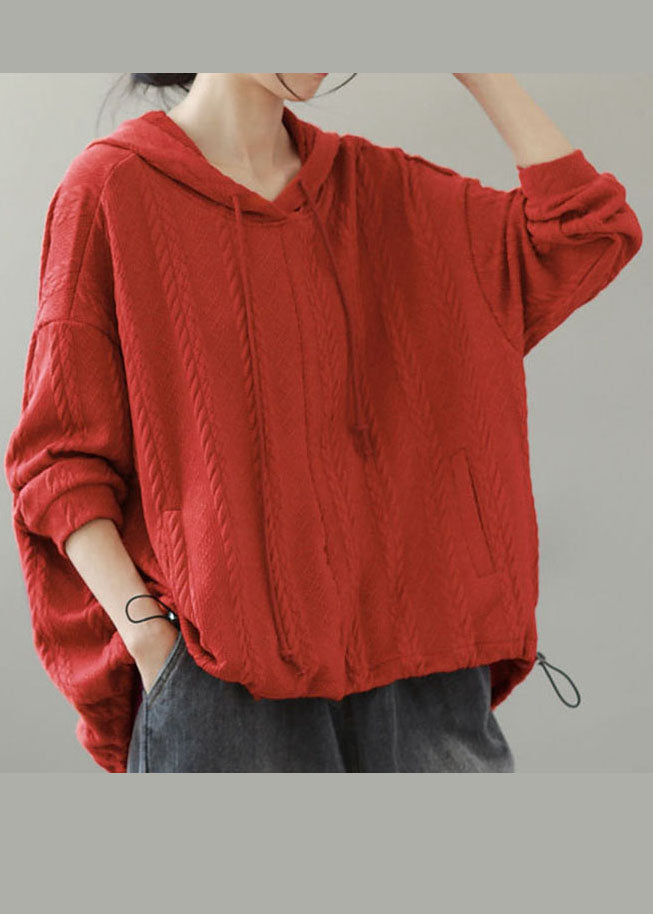 Orange Hooded Drawstring Knit Short Sweater Winter