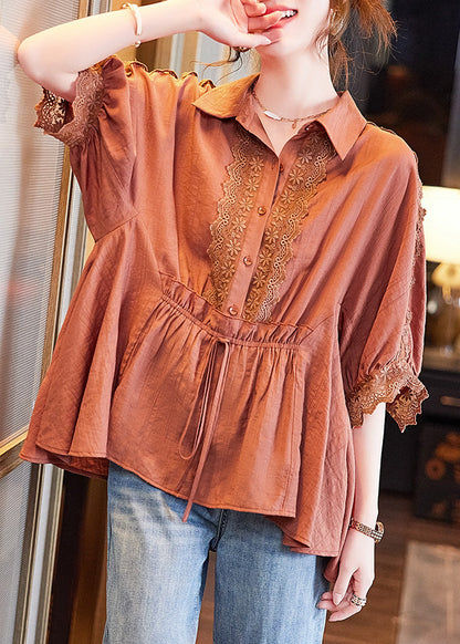 Orange Peter Pan Collar Lace Patchwork Drawstring Tie Waist Button Shirt Batwing Sleeve