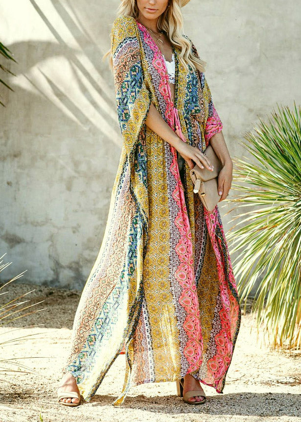 Print Drawstring Tie Waist Loose Chiffon Long Cardigans Half Sleeve