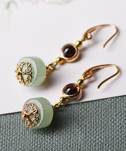 Red Gem Stone and Jade 14k Gold Drop Earrings