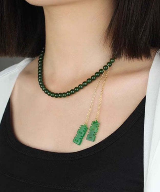 Tea Green Sterling Silver Overgild Jade Beading Double Happiness Tassel Pendant Necklace