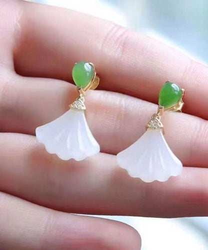 White Sterling Silver Inlaid Jade Fan Shaped Drop Earrings