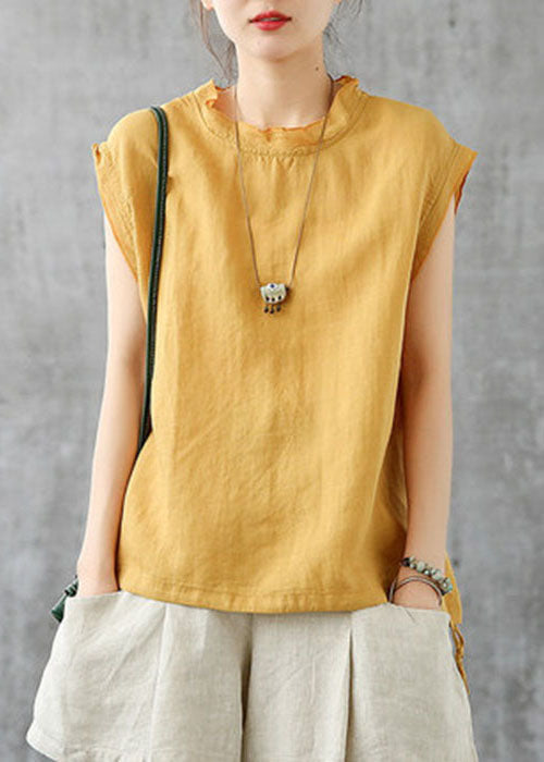 Yellow Stand Collar Drawstring Linen Tanks Short Sleeve