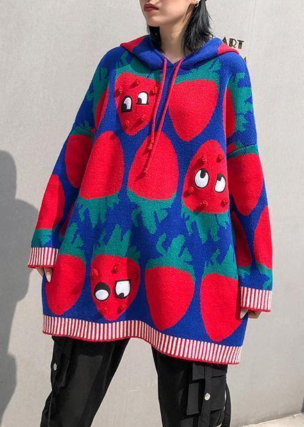 Blue Print Blouse Knit Tops Hooded Drawstring Tops