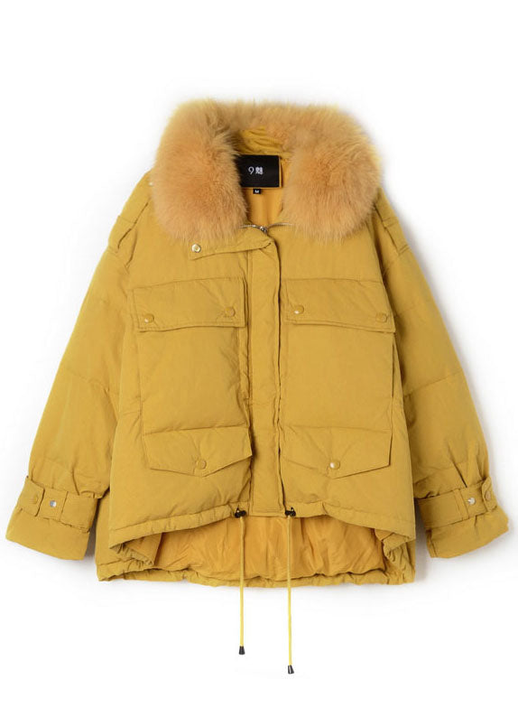 Yellow Hooded Fur Collar Drawstring Duck Down Puffers Jackets Winter