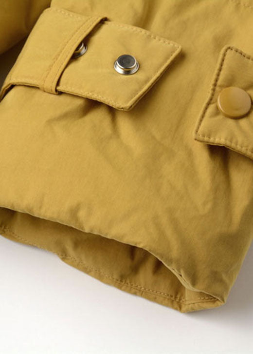 Yellow Hooded Fur Collar Drawstring Duck Down Puffers Jackets Winter