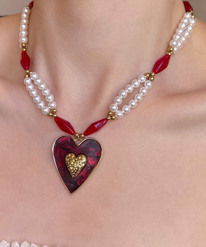 Colorblock Alloy Pearl Love Glass Bead Pendant Necklace