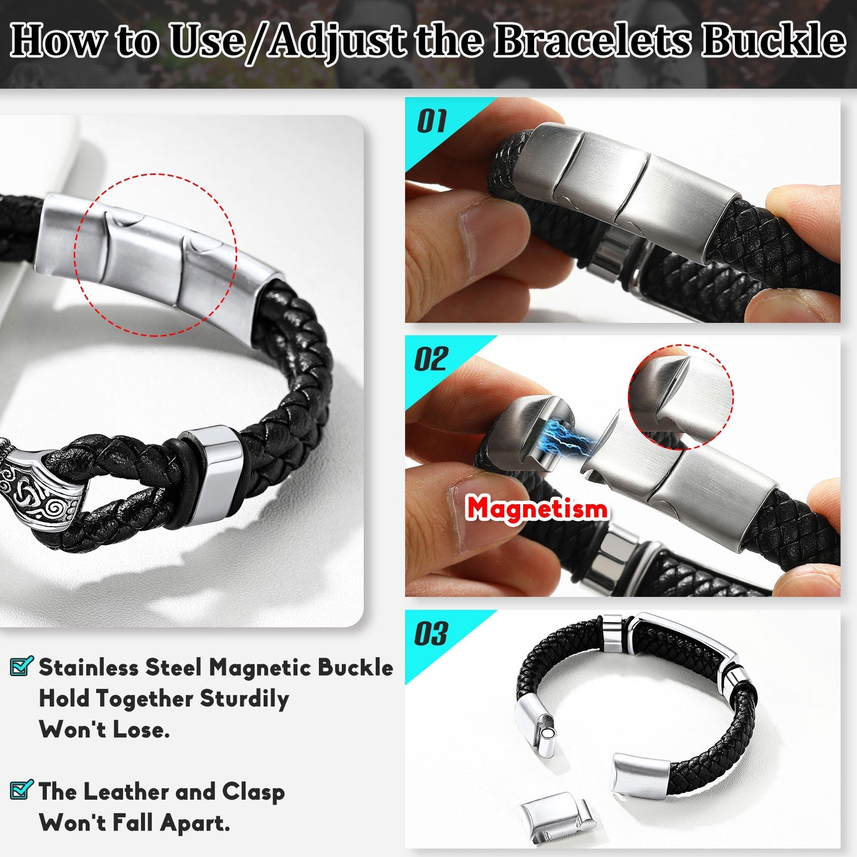 Custom Braided Black Leather Bracelet Birthday Gift for