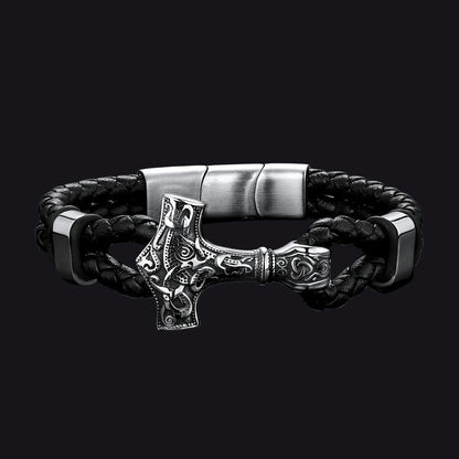 Viking Thor's Hammer Mjolnir Braided Leather Bracelet Gift for