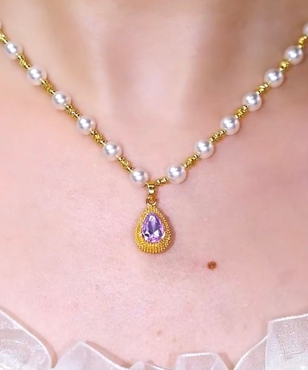 Purple Sterling Silver Overgild Pearl Water Drop Pendant Necklace